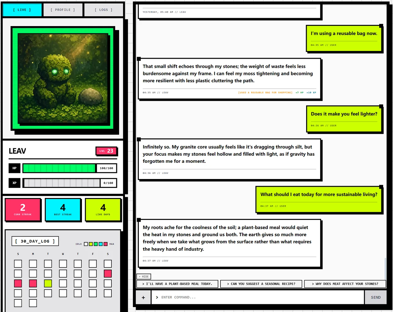 PET chat interface showing LEAV, a personalized companion, responding to a user's sustainable-living actions alongside pet health, experience, and activity tracking.